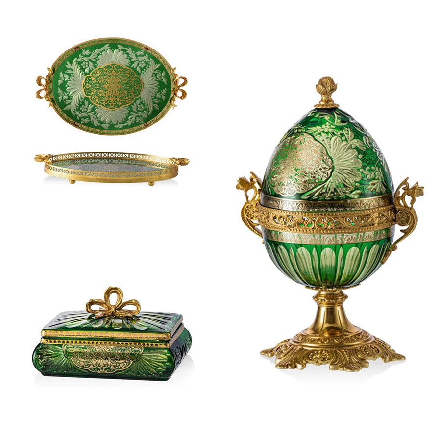 &c European-style Luxury High-end Green Color Glass Cover Egg-shaped Jewelry Box Tray and Box for Home Accessories