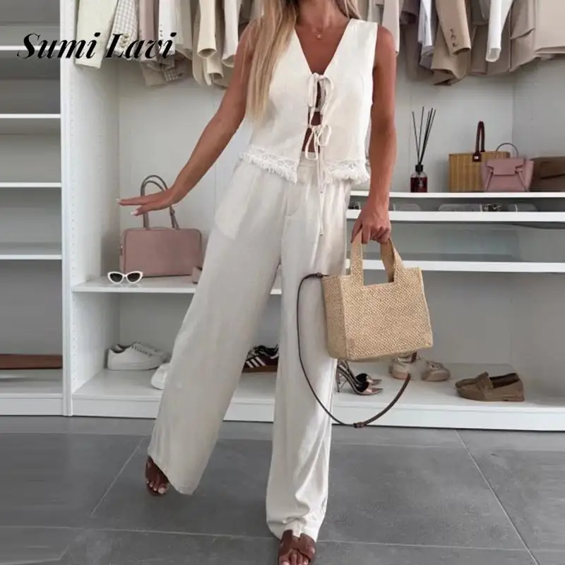 

Casual Sleeveless 2Pc Outfits Sexy V-neck Hollow Tie-up Vest & Straight Pant Sets Women Elegant Lace Patchwork Solid Loose Suit