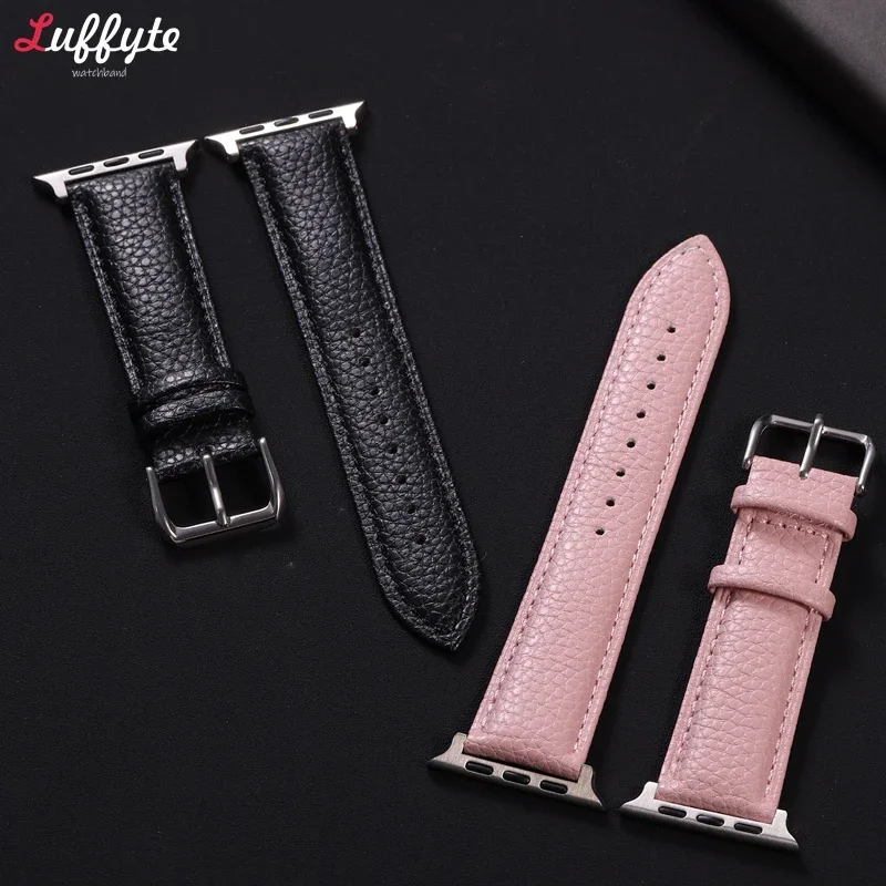 Lychee Grain Leather Strap for Apple Watch Ultra 2 Bracelet 49/45/44/42/40/41/38mm Band for Iwatch Series 9 8 7 6 5 4 3 SE image 2