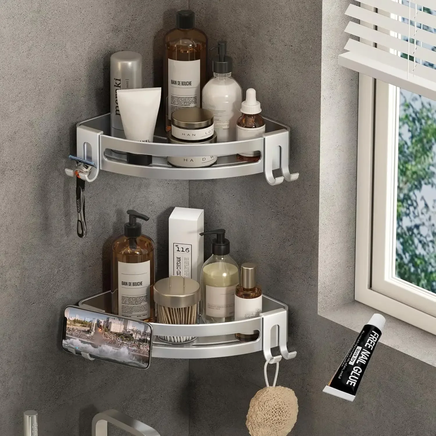

Shower Corner Shelf Caddy 2 Pack shower Organizer No Drill (adhesive mounting, no suction cup) Shower Storage Rust Proof