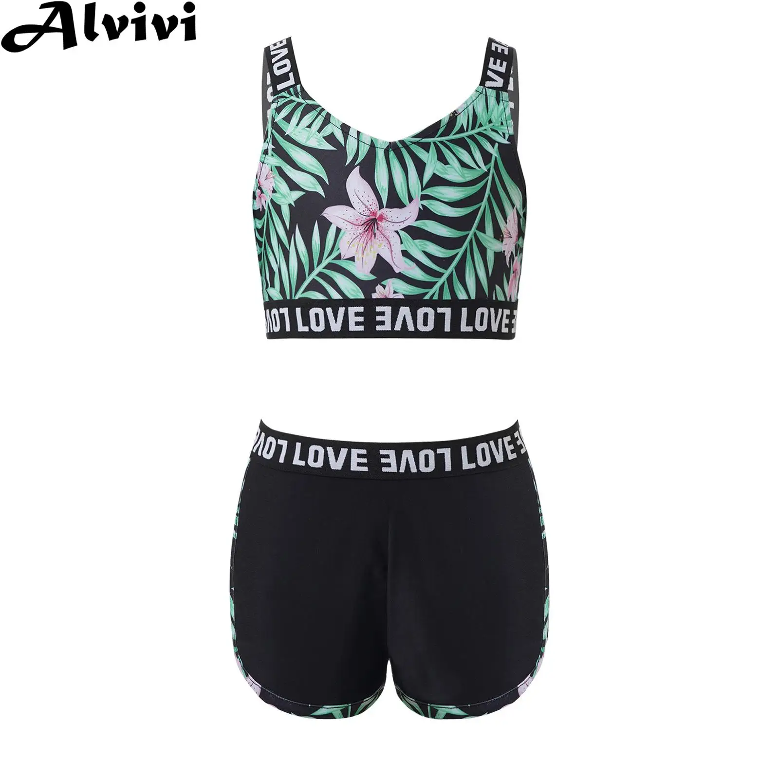 

Kids Girls Casual Print Sportswear Set Sleeveless Print Crop Tank Top with Shorts Set Jazz Dance Jogging Workout Yoga Activewear