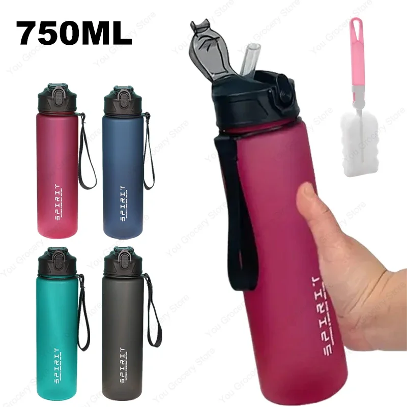 

750ml Sports Water Bottle Portable Fitness Water Jug with Straw Carrying Cord for Gym Outdoor Travel Hiking