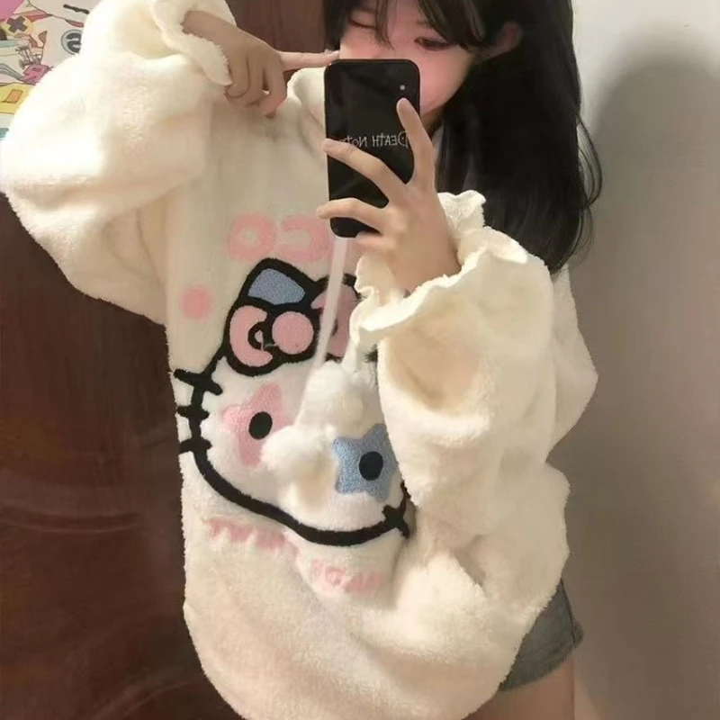 

Толстовка с капюшоном «Hello Kitty» с мультяшным узором Kawaii, с круглым воротником и капюшоном, свежая, милая осень, уменьшающая возраст, удобная, с длинными рукавами с героями мультфильмов