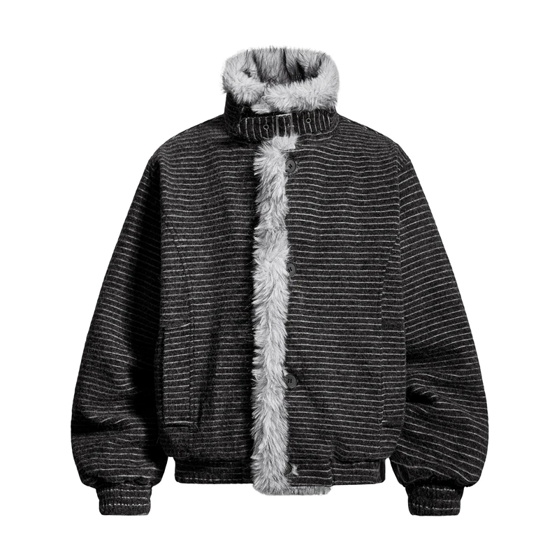 

GXFortune Thiened Retro American Striped Jaet with Fur Collar Men Women Cotton Coat Youth Faion Warm Long Sve Coat