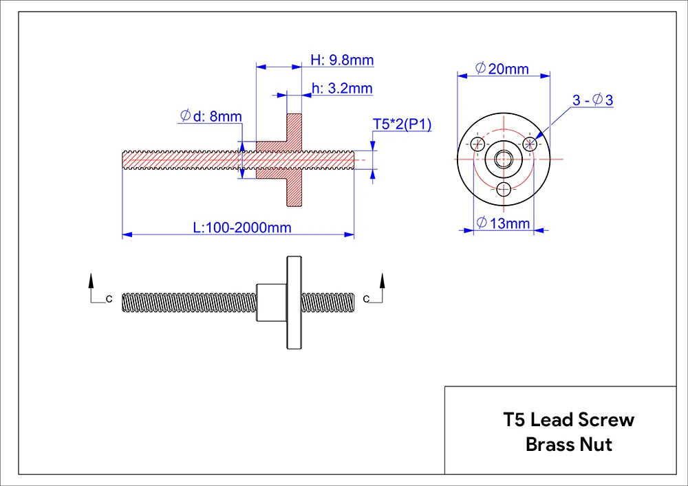 CNC 3D knihtiskař lichoběžníkový lodní šroub hýl T5 dovést lodní šroub nitka 5mm dovést 1mm 2mm 4mm délka 100mm 150mm 200mm 250mm s mosaz ořech