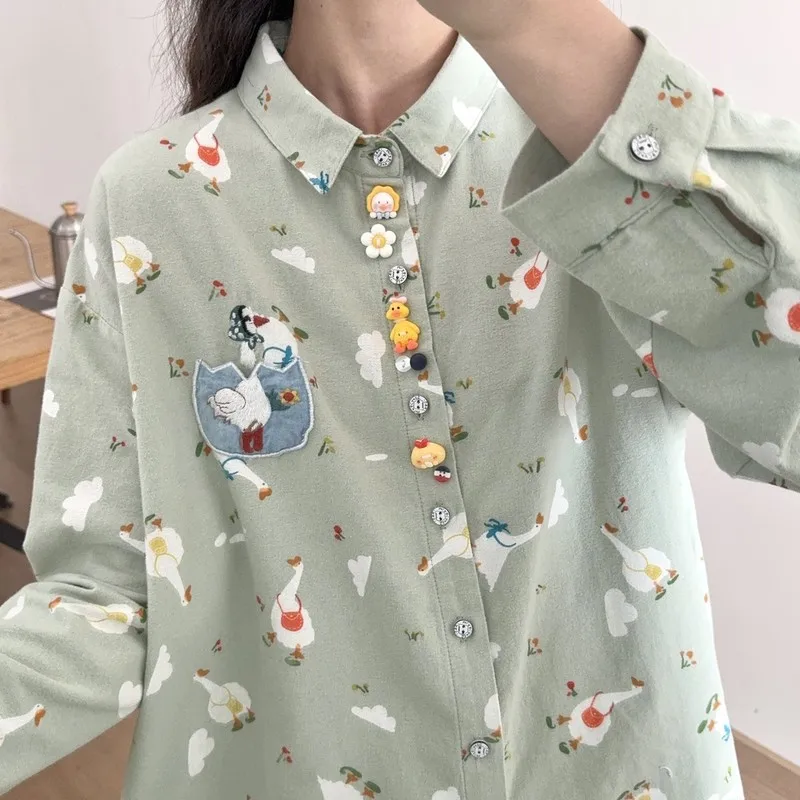 Japanese vintage clothes mori girl original design cartoon anima printed shirts women blouses winter Youthful woman clothes