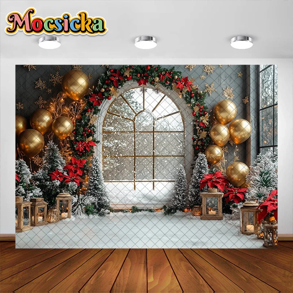 Mocsicka Photography Background Winter Christmas Wreath Window Decoration Supplies Kids Photo Portrait Backdrops Studio Props