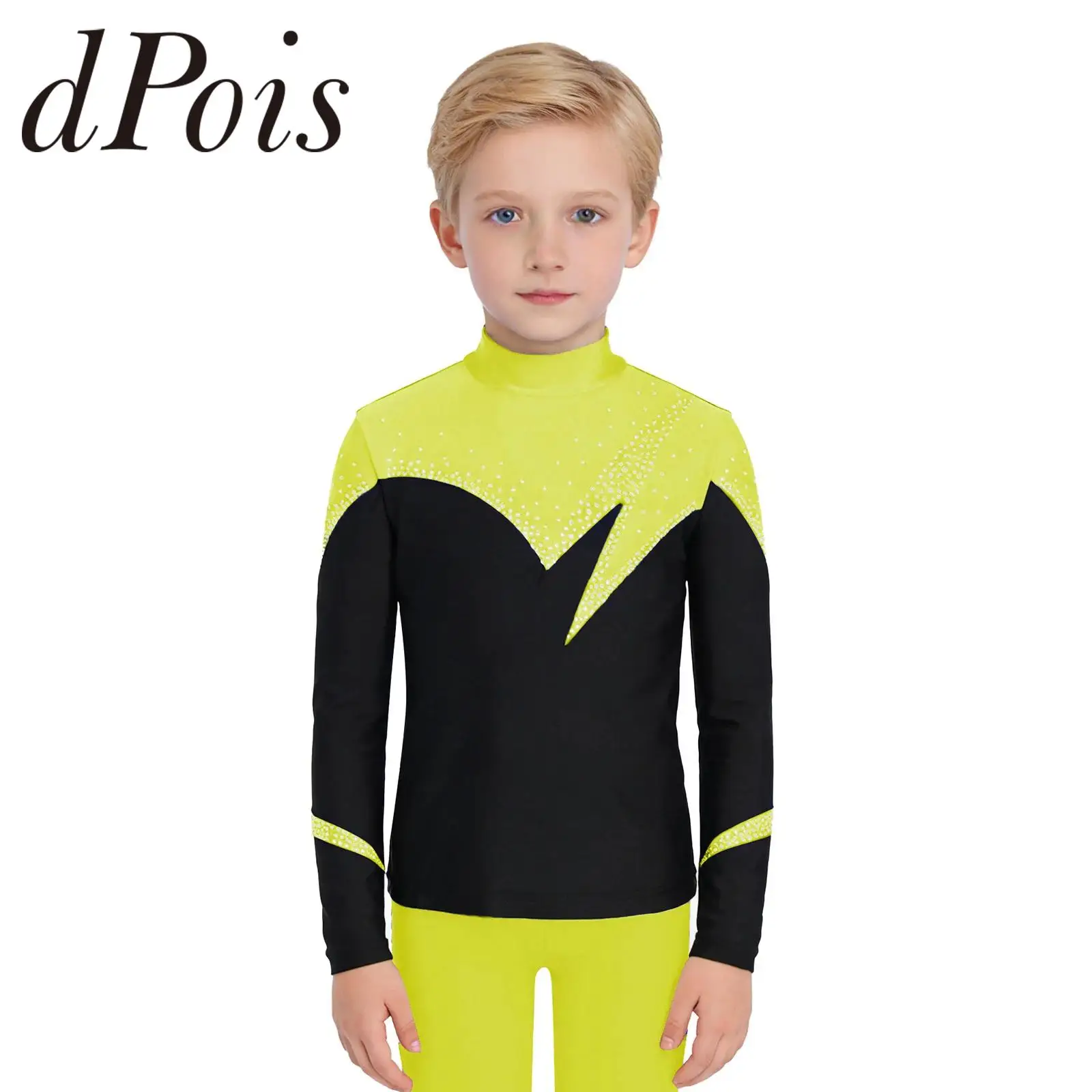 Kids Ice Skating Clothes  Shiny Rhinestones  T-shirts for Boys Ice Roller Figure Skating Costume Mock NeckTop Fitness Sportswear