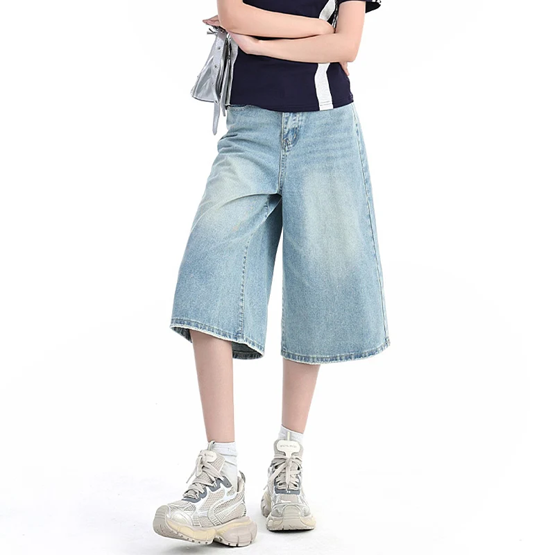 Stylish Y2k Style Baggy Denim Shorts Women Summer Blue Black Wide Leg Short Fashion High Waist Wash Knee Length Jeans Female