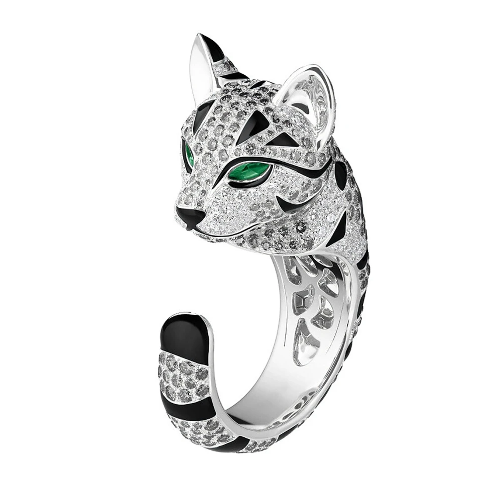 Bagues ouvertes de luxe en argent regardé 925 pour hommes et femmes, taches d'émail noir, pierre à haute teneur en carbone, chat panthère, bijoux léopard unisexes