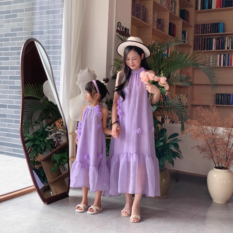 Matching Mother Daughter Dresses New French Style Halte Set Family Outfits Women Girls Vacation r Neck Long Maxi Summer Dress