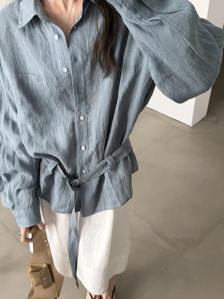 

Loose Fit Striped Long Sleeve Shirt Women's Breathable Slimming Belted Sun Protection Top Korean Style Linen Material