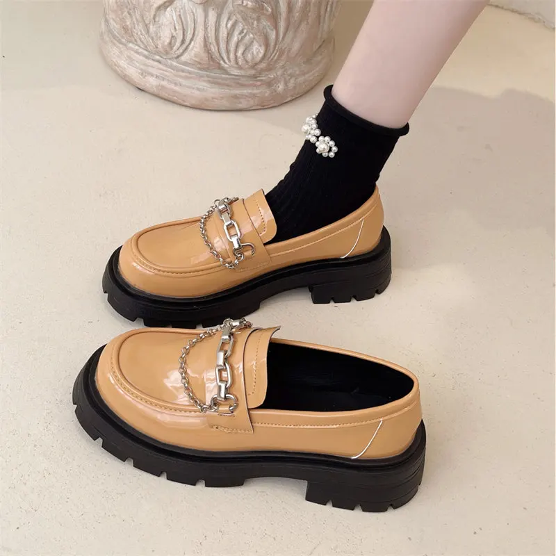 Women Pumps Lady Loafers Chunky Heel Platform Metal Chain Shoes Female Casual Retro College Girl Daily Round Toe Mujer Footwear