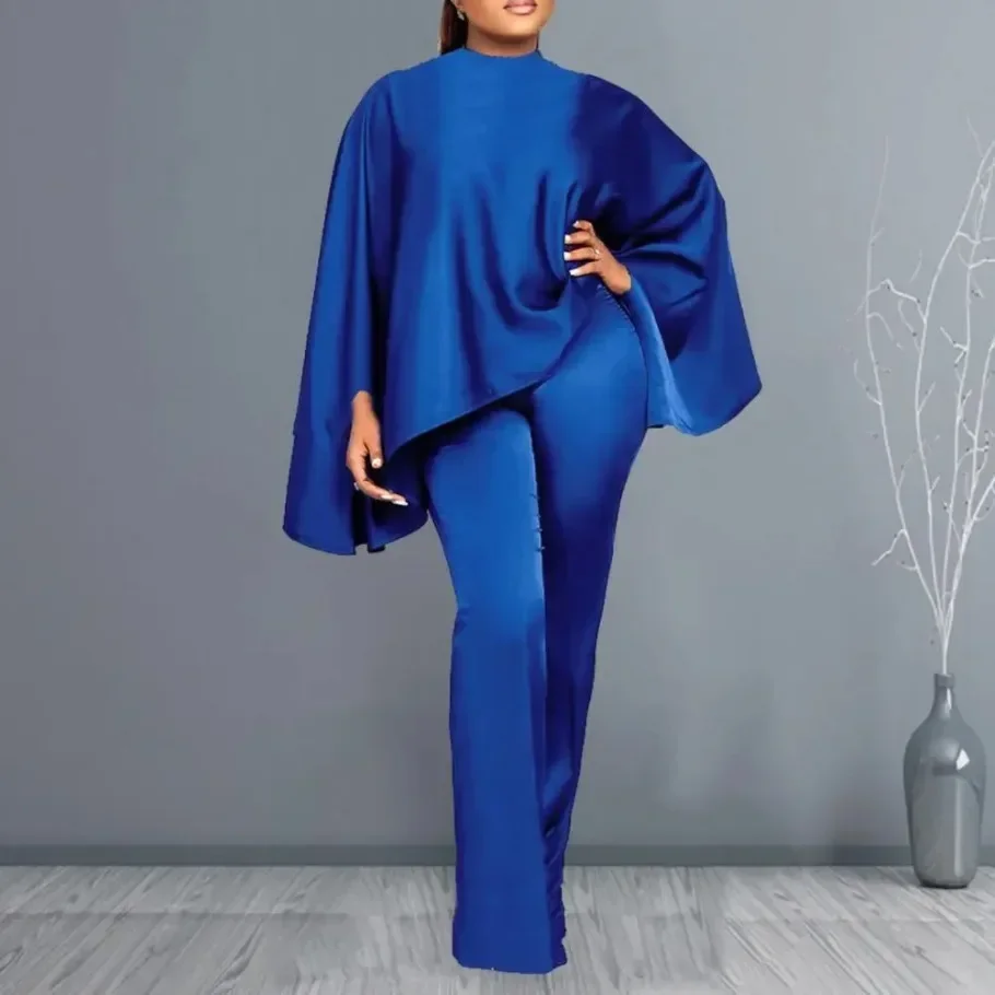 2Pcs/Set Women Faux Satin Outfit O-Neck Long Batwing Sleeve Loose Tops High Waist Long Pants Set Solid Color Elastic Outfit