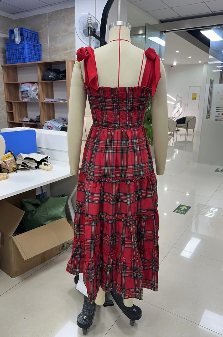 GuliriFei Women's Tie-Shoulder Dress Stylish Plaid Ruffled Trim Smocked Sleeveless Long A-Line Dress
