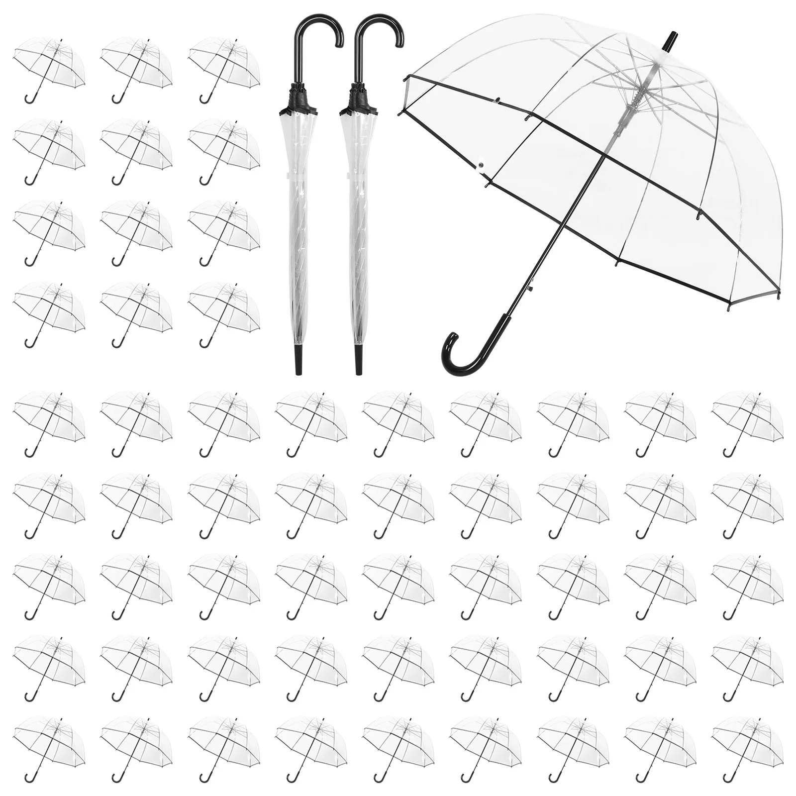 

60pcs Transparent Rain Umbrellas Bulk with Classic Hook Handle 8 Ribs Auto Open Bubble Rain Umbrella for Wedding Travel Dating