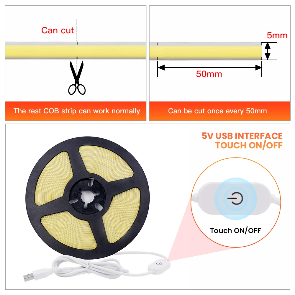 Dimmable COB LED Strip Light DC 5V USB 5mm Width 320LEDs COB LED Lights High Density Linear Light White/Warm/Green/Ice blue/Pink