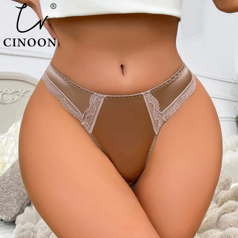

CINOON Women's Elegant Satin Thong Panties Lace Trim Sexy Soft Briefs Smooth Breathable Underwear Solid Color Ice Silk Lingerie