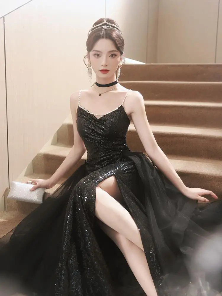 Banquet Black Sling Evening Dress For Women High Fork Sequin Splicing Lace Performance Dresses Graduation Party Sleeveles Dress