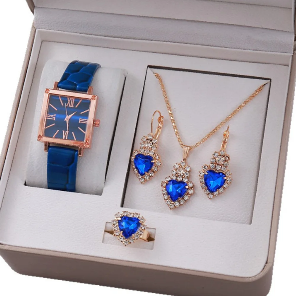 ชุดนาฬิกาควอตซ์ทรงสี่เหลี่ยมหรูหรา 5 ชิ้น/ชุด สำหรับผู้หญิง พร้อมแหวน สร้อยคอ ต่างหู นาฬิกาข้อมือประดับเพชร สร้อยข้อมือนาฬิกาสำหรับสุภาพสตรี
