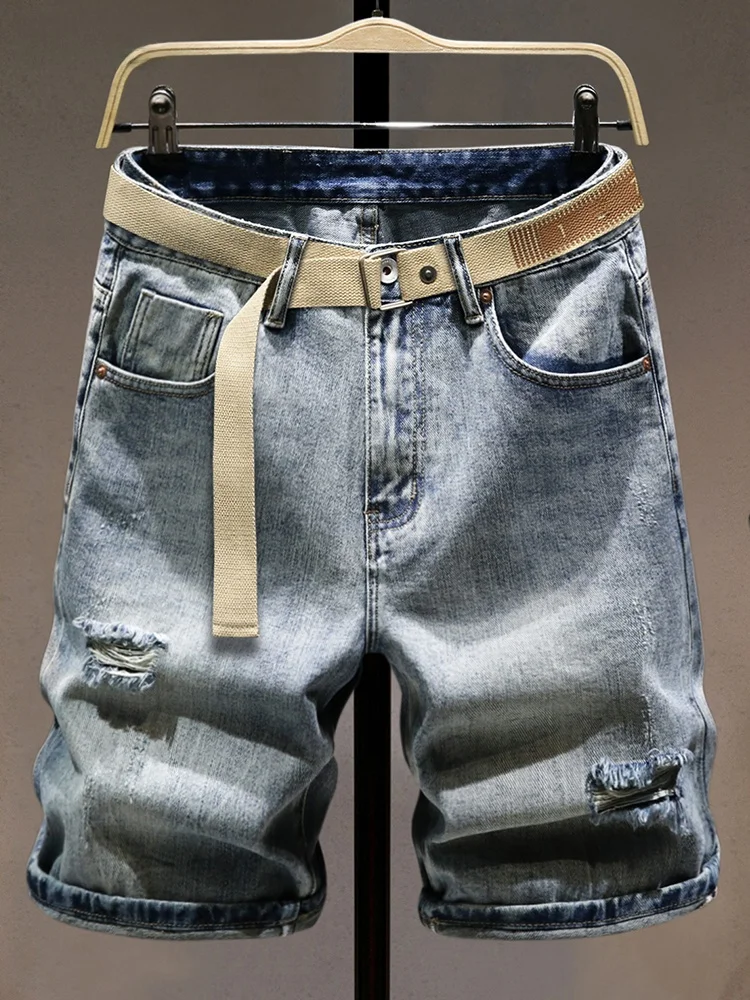 

Летние свободные мужские джинсовые шорты: модные, брендовые, с дырками, прямые, до колена, молодежные, больших размеров, в стиле ретро, средней длины