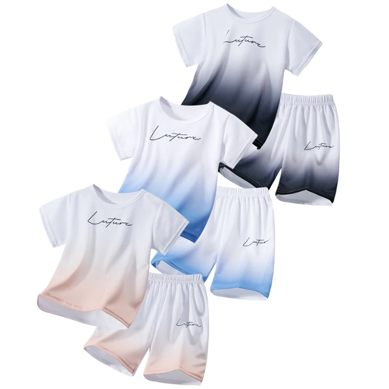 

3/2 предмета, детский летний быстросохнущий костюм ярких цветов с градиентом для мальчиков, спортивные дышащие шорты с короткими рукавами для девочек