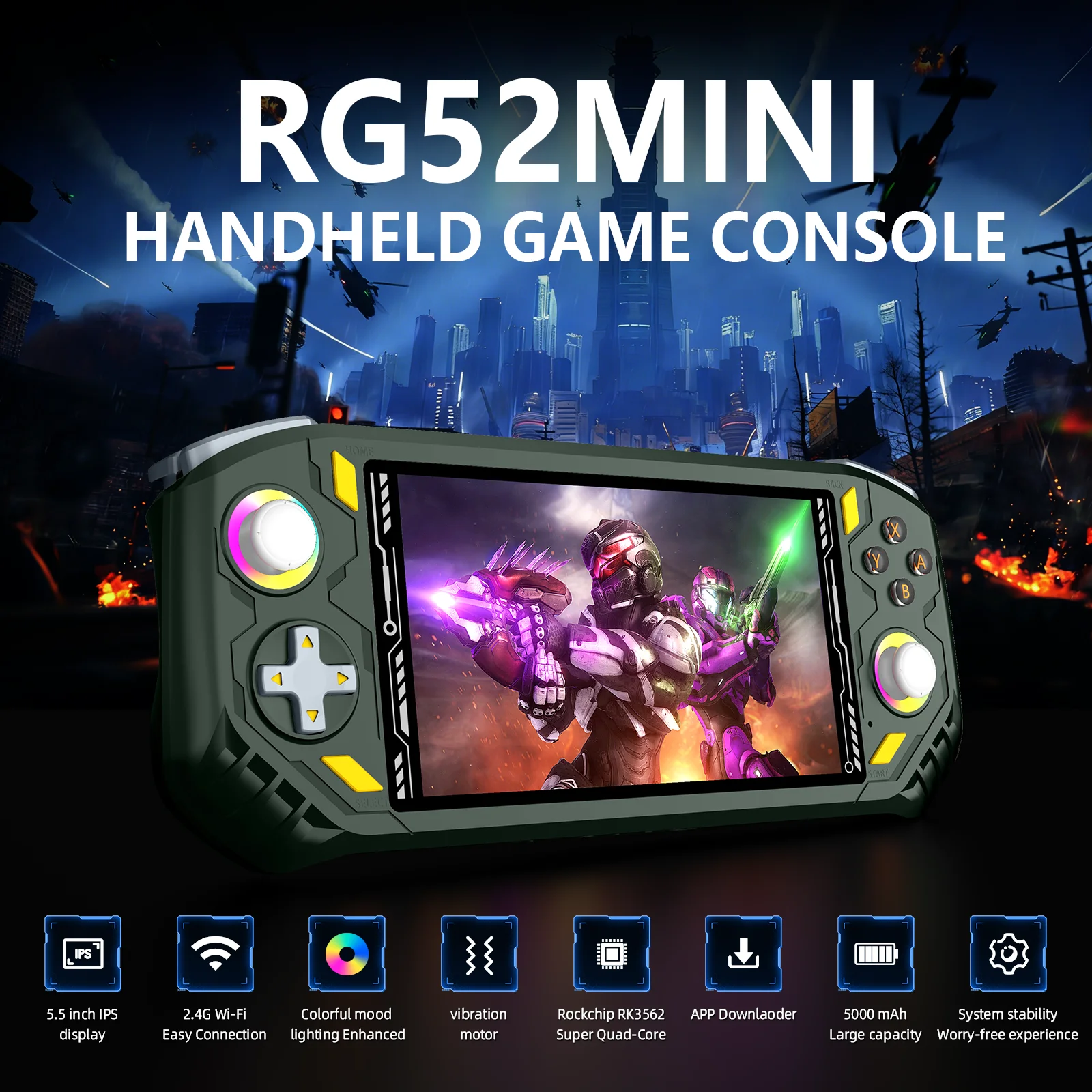 جهاز ألعاب محمول صغير RG52 بشاشة IPS 5.5 بوصة، نظام مزدوج EmuELEC وRGBOX، أكثر من 22000 لعبة، واي فاي، جهاز ألعاب فيديو محمول