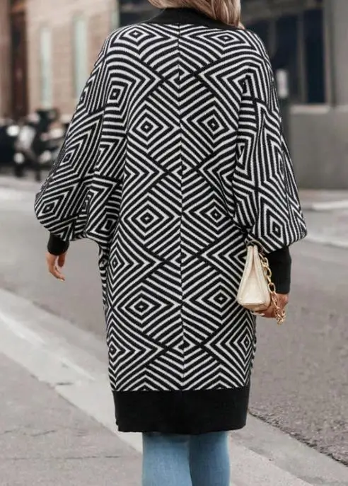 

Autumn and Winter Fashion Contrasting Striped Printed Lantern Sleeve Knitted Cardigan Jacket for Women's Casual Loose Cardigan