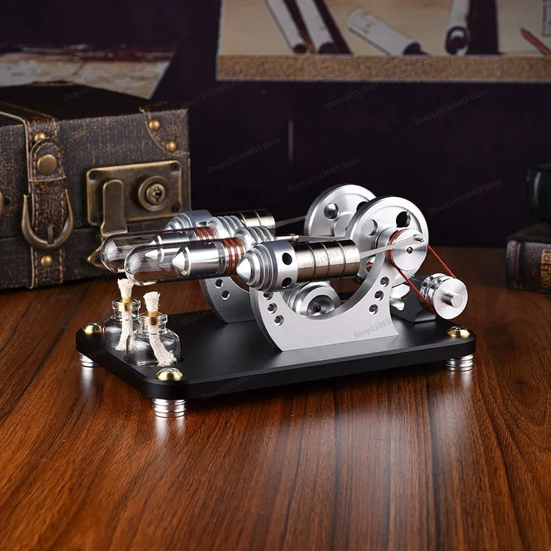 For Launchable Balance Metal Cylinder Stirling Engine Generator Miniature Mini External Combustion Engine Model Twin Cylinder