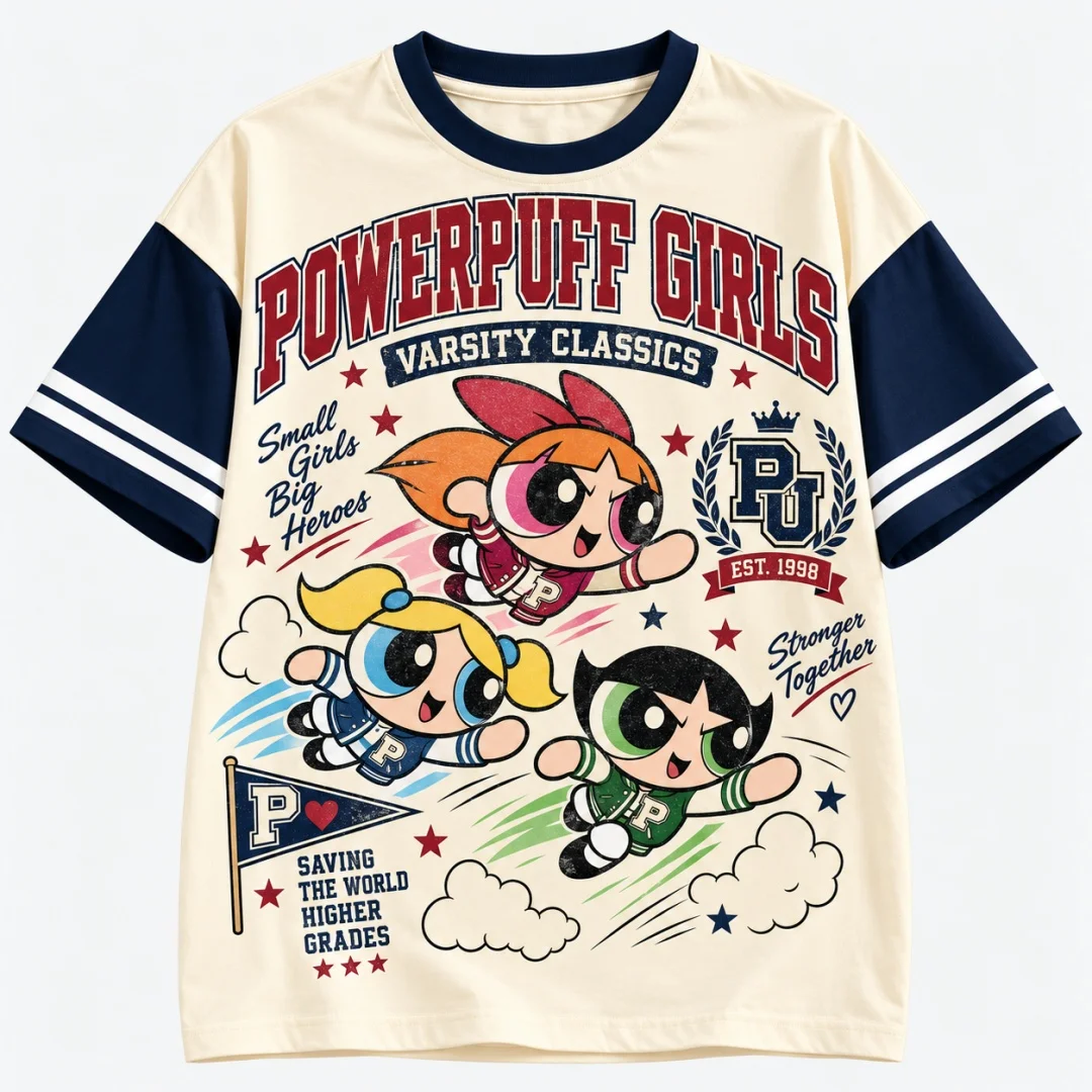 Powerpuff Girls Vintage University Graphic T-shirt Retro Cartoon Raglan Striped Short Sleeve Kids Tee Unisex Summer Casual Tops