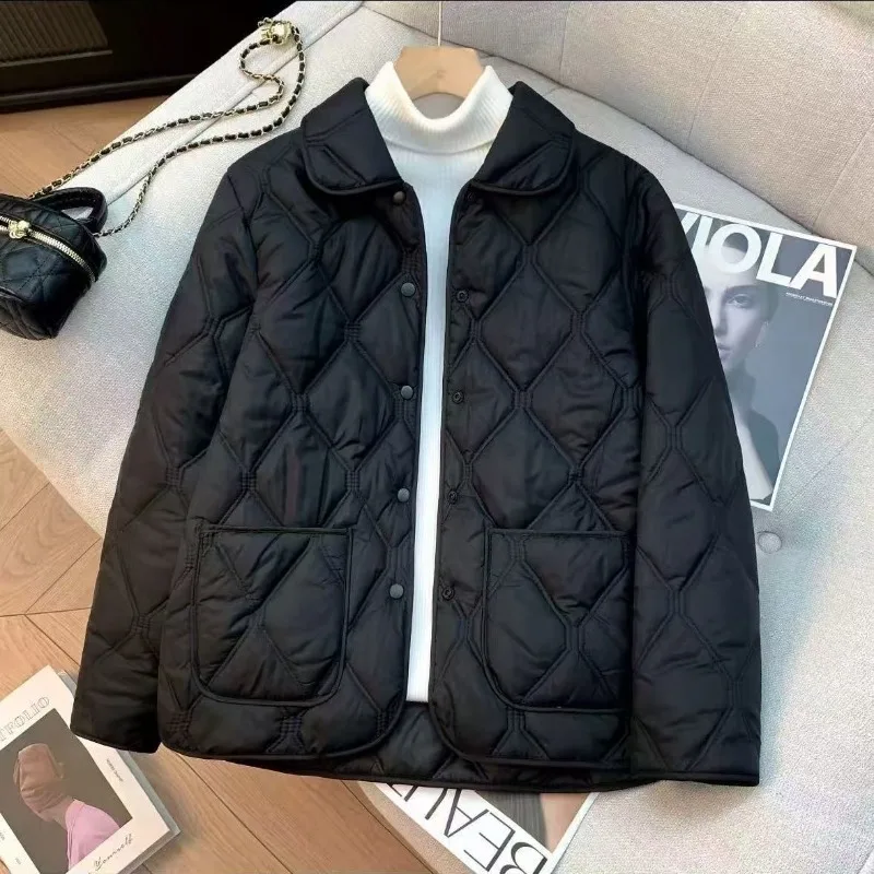 Women Warm Diamond Quilted Jackets Light Weight Lapel Thickened Short Outwear Single Breasted Loose Warm Windproof Parkas