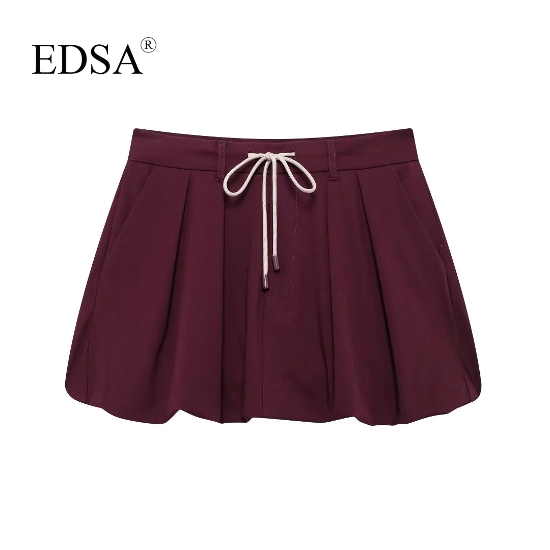 EDSA Women Wine 2 Pcs Skirt Set Turn-down Collar Long Sleeves Zipper Jacket & High Waist Pockets Lace-Up Mini Skirts Female Suit