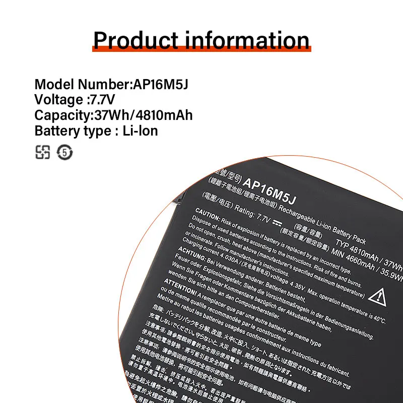 Imagem -05 - Bateria do Portátil Ap16m5j Acer Aspire Aspire A31521 A31551 Es1 A114 A315 Kt.00205.004 7.7v 4810mah 37wh