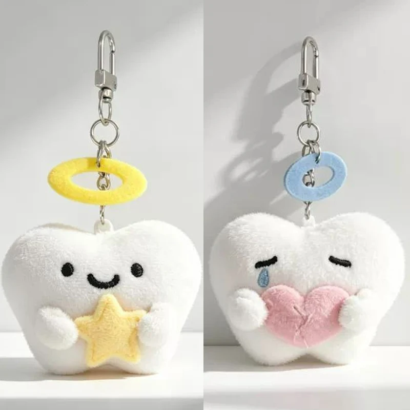 Cute Teeth Plush Keychain Cartoon Wisdom Teeth Heart Star Pendant Soft Stuffed Key Chain Car Key Ring Backpack Bag Jewelry Gifts