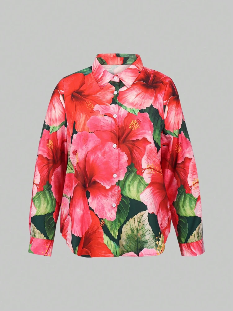 حجم كبير عادية فليب طوق التلبيب الربيع الصيف المرأة الأزهار قميص أعلى زر واحد قميص طوق عادية كل يوم