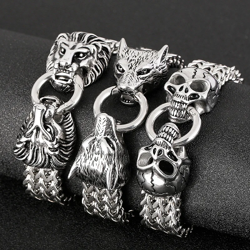 

18MM Vintage Gothic Viking Wolf Skull Lion Head Men's Bracelets Gold Color Stainless Steel Bike Curb Chain Bangle Wrist Jewelry