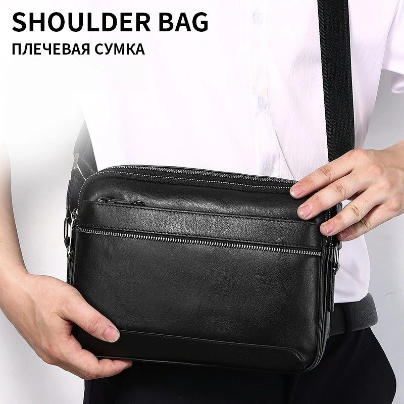 Men's genuine leather crossbody bag, square, light, simple, waterproof, high-end travel and business single-shoulder bag