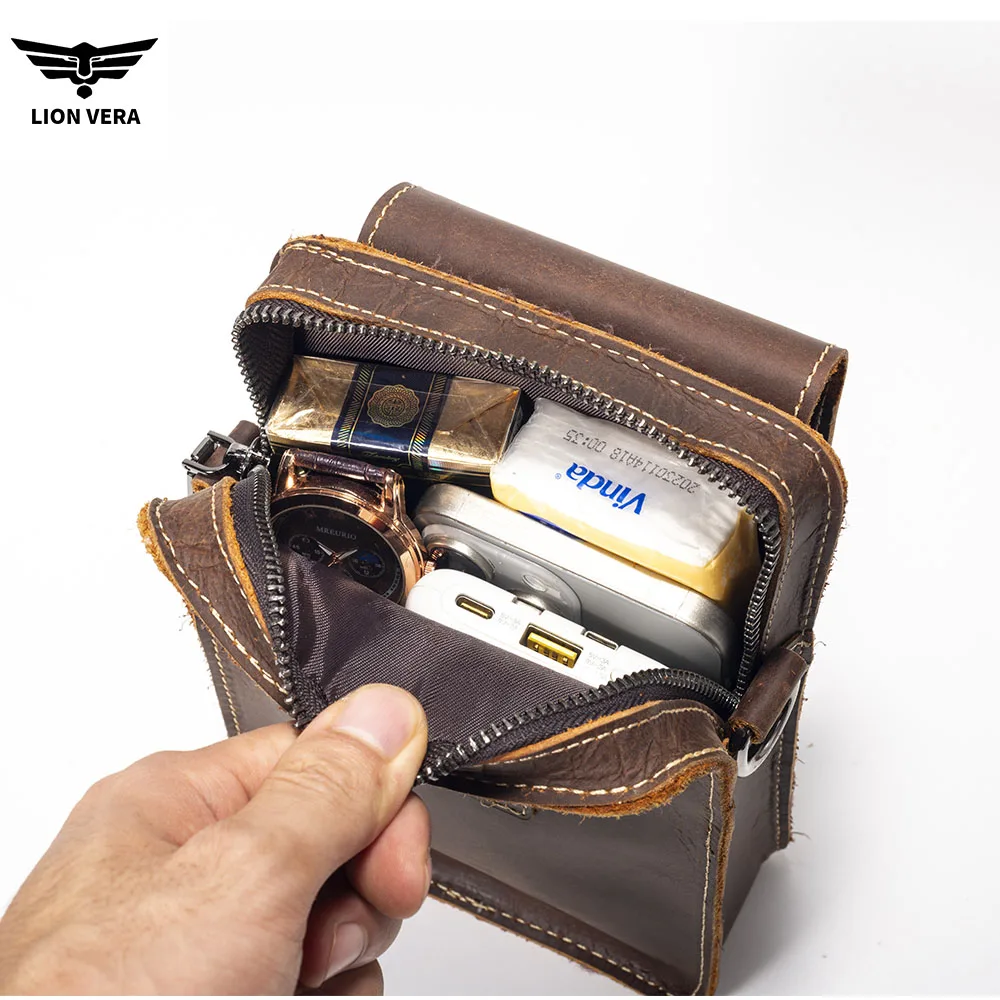 LION VERA Crazy Horse Leather Men's Waist Bag Phone Bag Waist Bag 5.3-inch Backpack Men's Small Chest Shoulder Strap Bag
