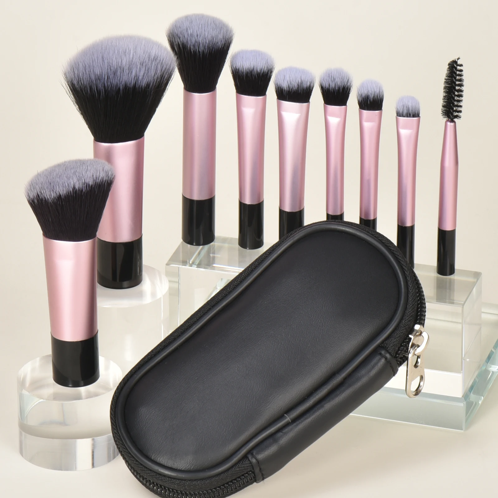 10 black mini makeup brushes +1 velvet puff +2 fingertip mini powder puff - Travel portable Makeup Kit