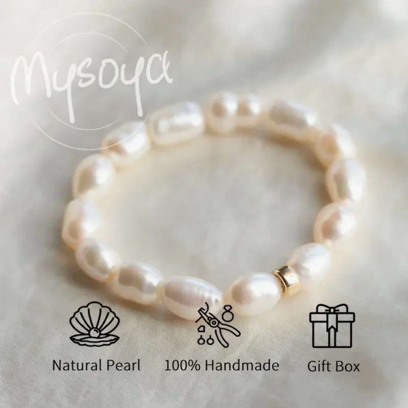 

MYSOYA 9-10mm Natural White Rice Shape Freshwater Pearl Bracelet For Women And Men With Gift Box Birthday Wedding Jewelry Gift