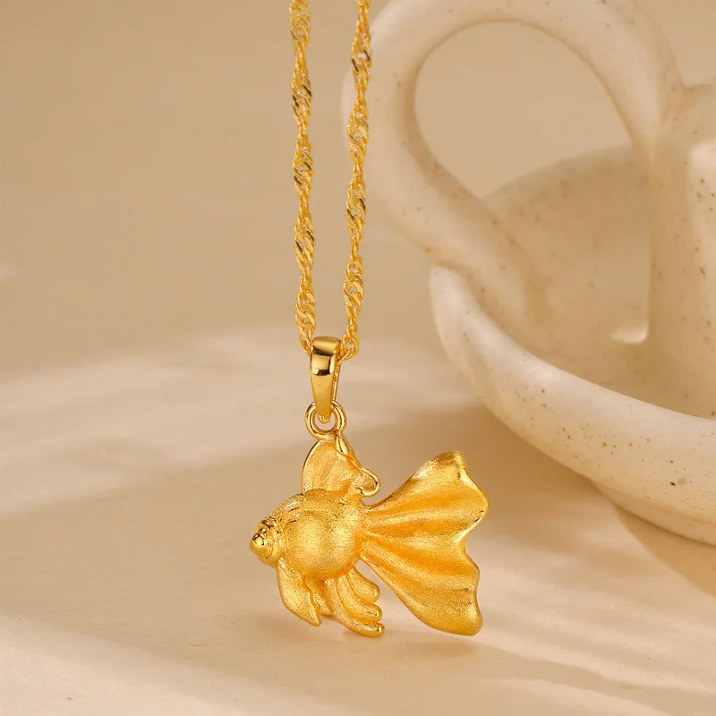 

Luxury 24K 9999 Pure Gold real gold Women's Double-Sided Koi Pendant Necklace Ancient Brushed Gold Fish Pendant