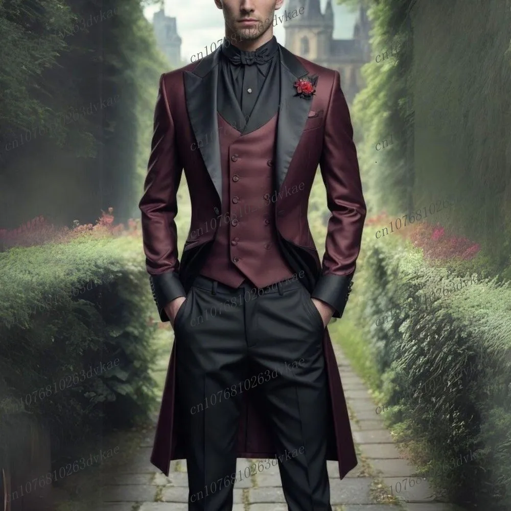 

Burgundy And Black Long Blazer Men Suit Formal Wedding Party Groom Groomsman Prom Male Tuxedos 3 Piece Set Jacket Vest Pants
