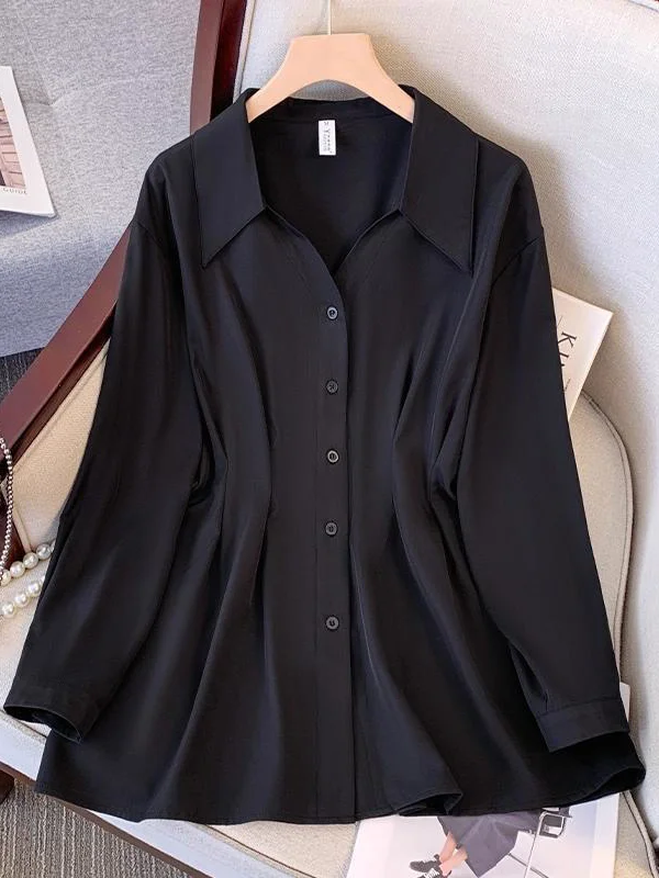 

plus Size Slimming Long Sleeve Shirt Fashionable Midi Length Turn-down Collar New Style Spring Autumn Maternity Sister Shirt