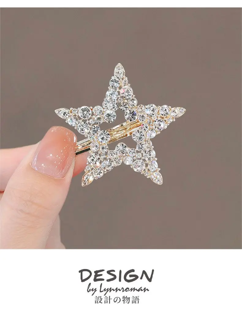 Koreanische Stern-Haarspangen mit Strass, elegante, niedliche Entenschnabel-Clips, luxuriöse Haarspangen für seitliche Ponyfransen, süße Haar-Accessoires für Damen – Detail 2