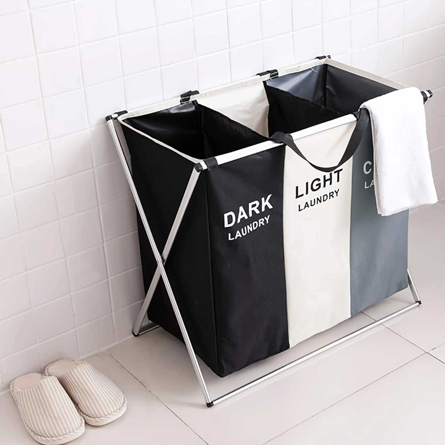 

Foldable Laundry Cloth Hamper Sorter Basket Bin with Aluminum Frame, featuring 3 Sections for easy sorting of clean and dirty cl