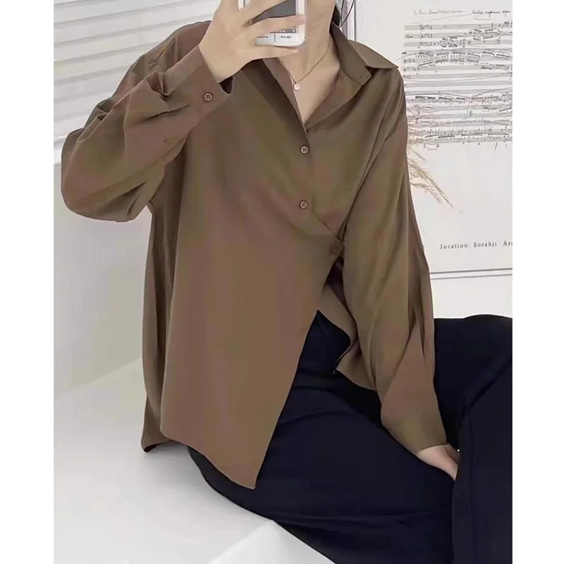 2023 Spring Autumn New Style Diagonal Button Long Sleeve Chiffon Solid Shirt Women\'s Loose Fitting and Versatile Fashion Blouses