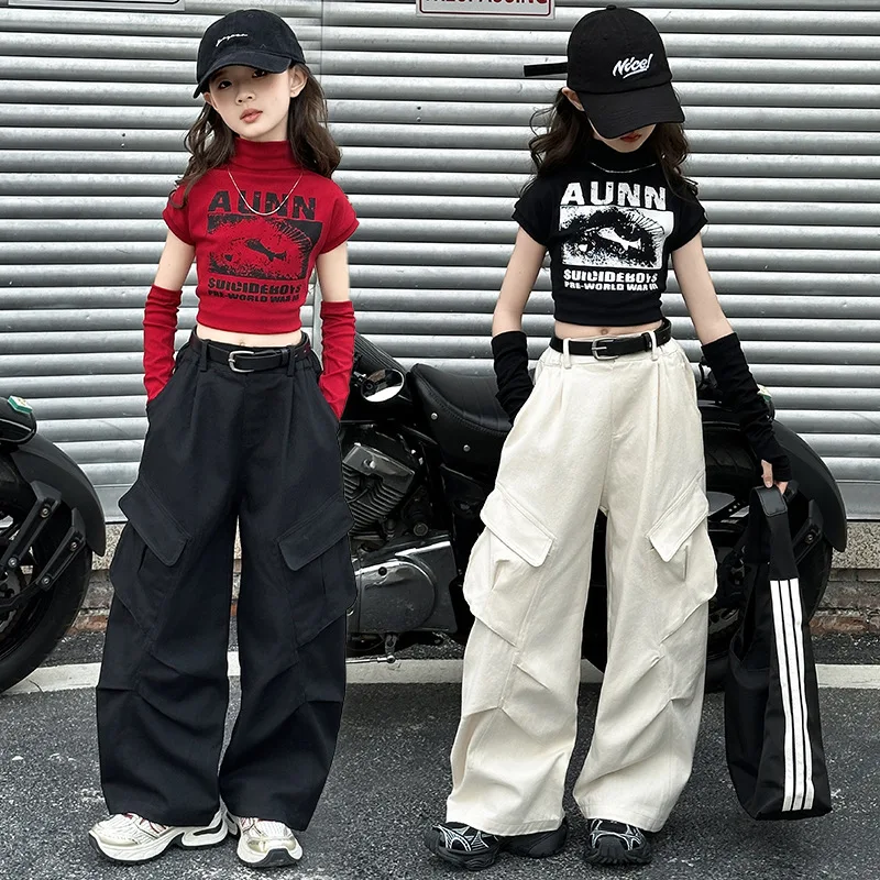 

Girls cloth 1pc letters t-shirt or 1pc long wide leg Cargo pants Kid 4 8 10 12 year hip hop 2025 summer spring teens tracksuit