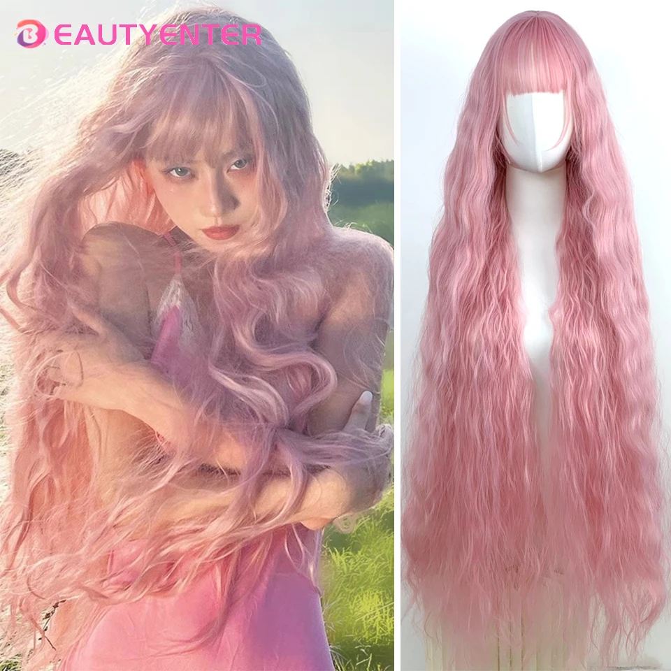 

BEAUTYENTER Curly Wavy Long 40inch Synthetic Wig Women Pink Lolita Cosplay Middle Part Hair Heat Resistant Wig for Daily Party