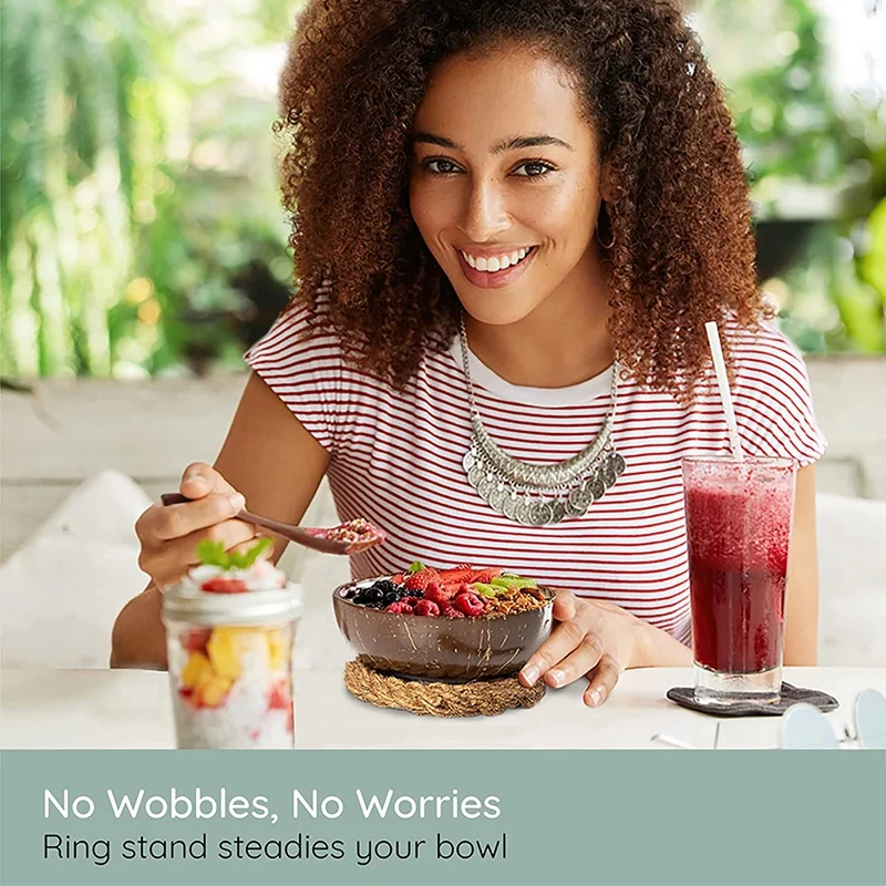 Coconut Bowls With Spoons & Stands - Set Of 4 Coconut Shell Bowls + Wooden Spoons & No-Wobble Holders For Salad