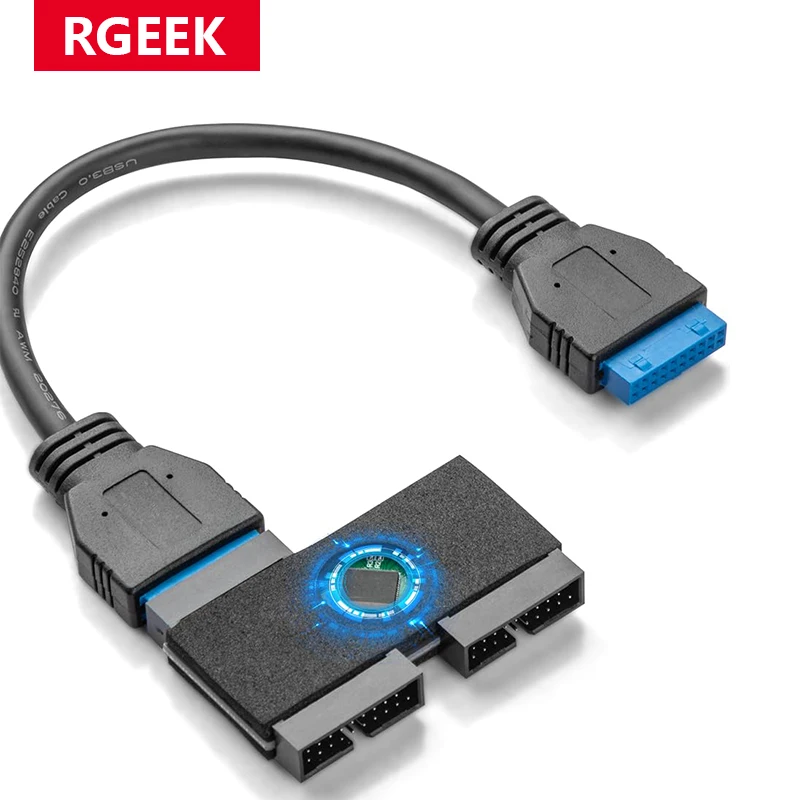 RGEEK Usb 3.0 19Pin 1 to 2 HUB with Chip and Modular Cable Design USB 19Pin HUB Motherboard 19Pin USB3.0 Data Extension Cable